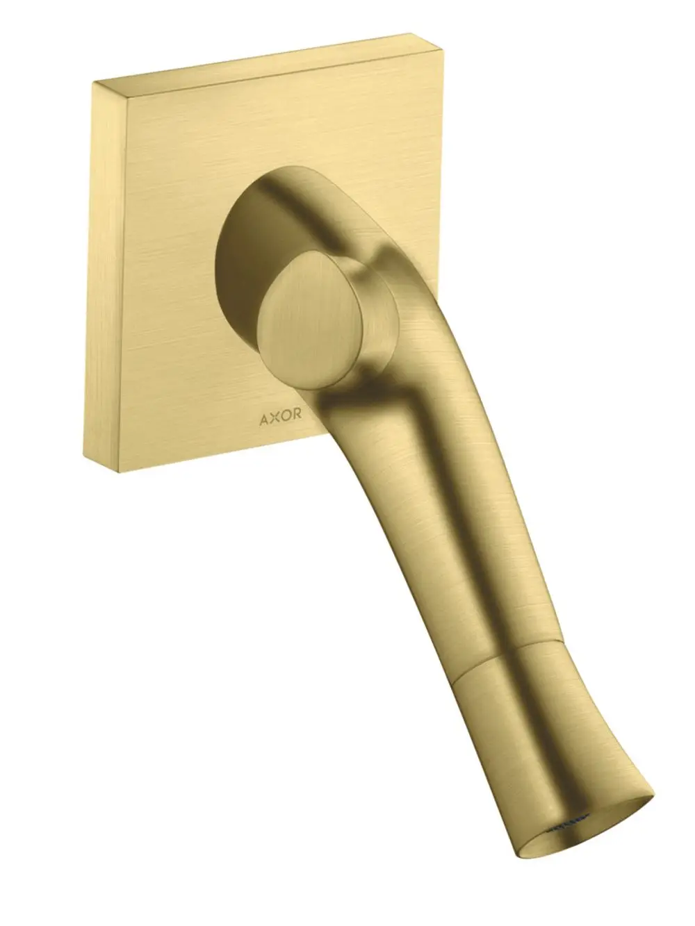 Waschtischmischer von AXOR mit wandmontierter Auslaufarmatur in gebürstetem Messing, quadratischer Montageplatte und einer ergonomischen, geschwungenen Form.
